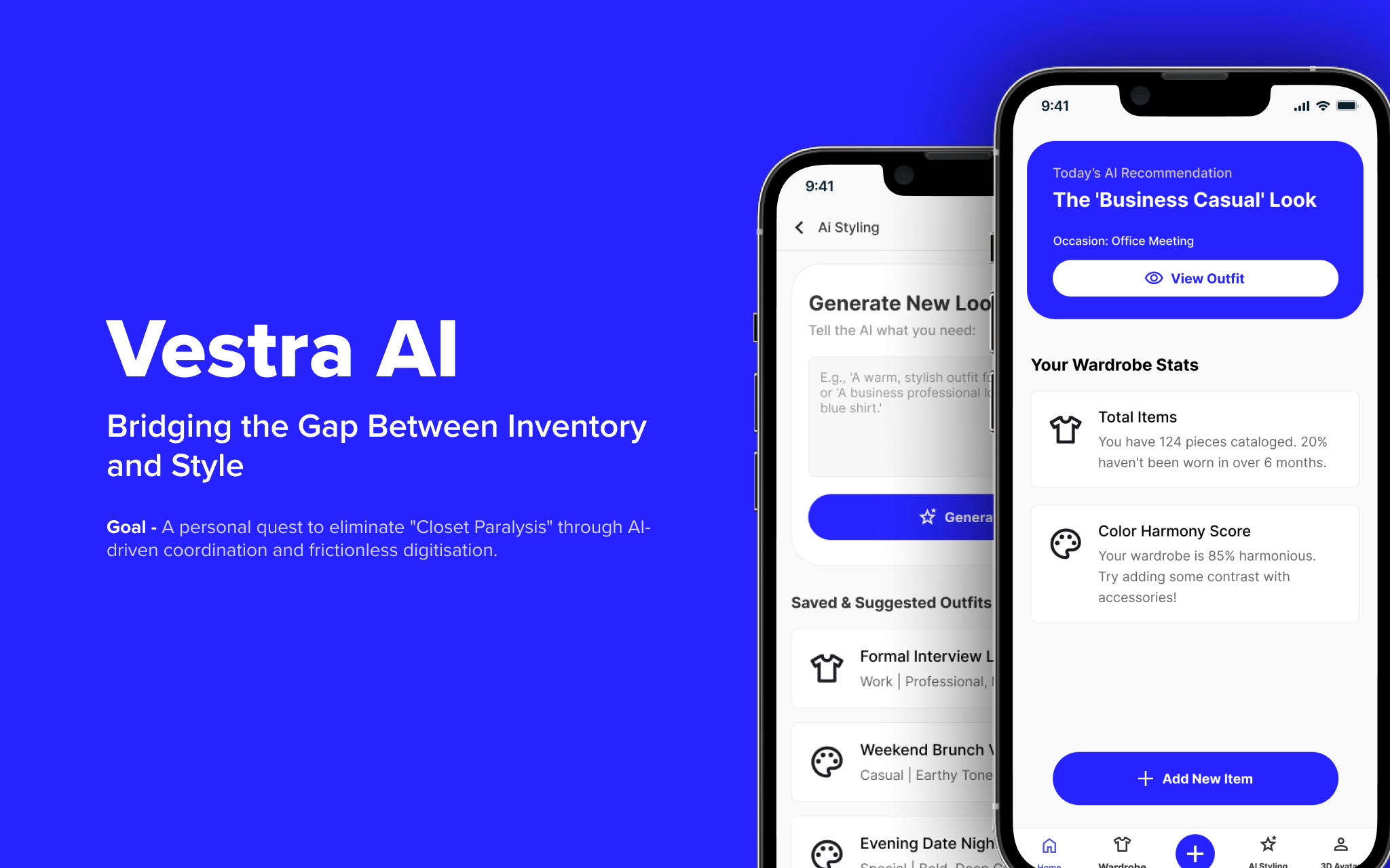 Vestra AI Dashboard Home - Today's AI Recommendation and Wardrobe Stats